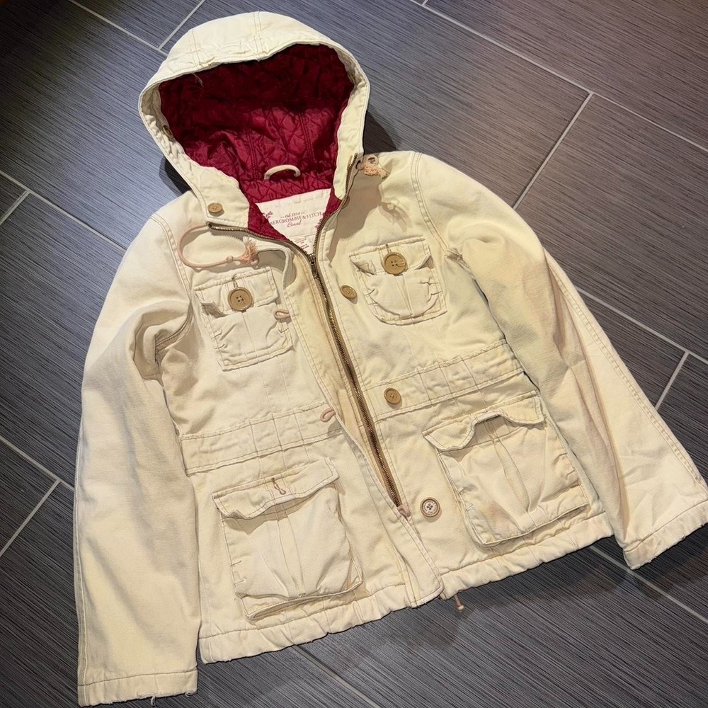 Vtg Abercrombie & Fitch Y2K Hooded Quilted Lining Utility Jacket Canvas Large
